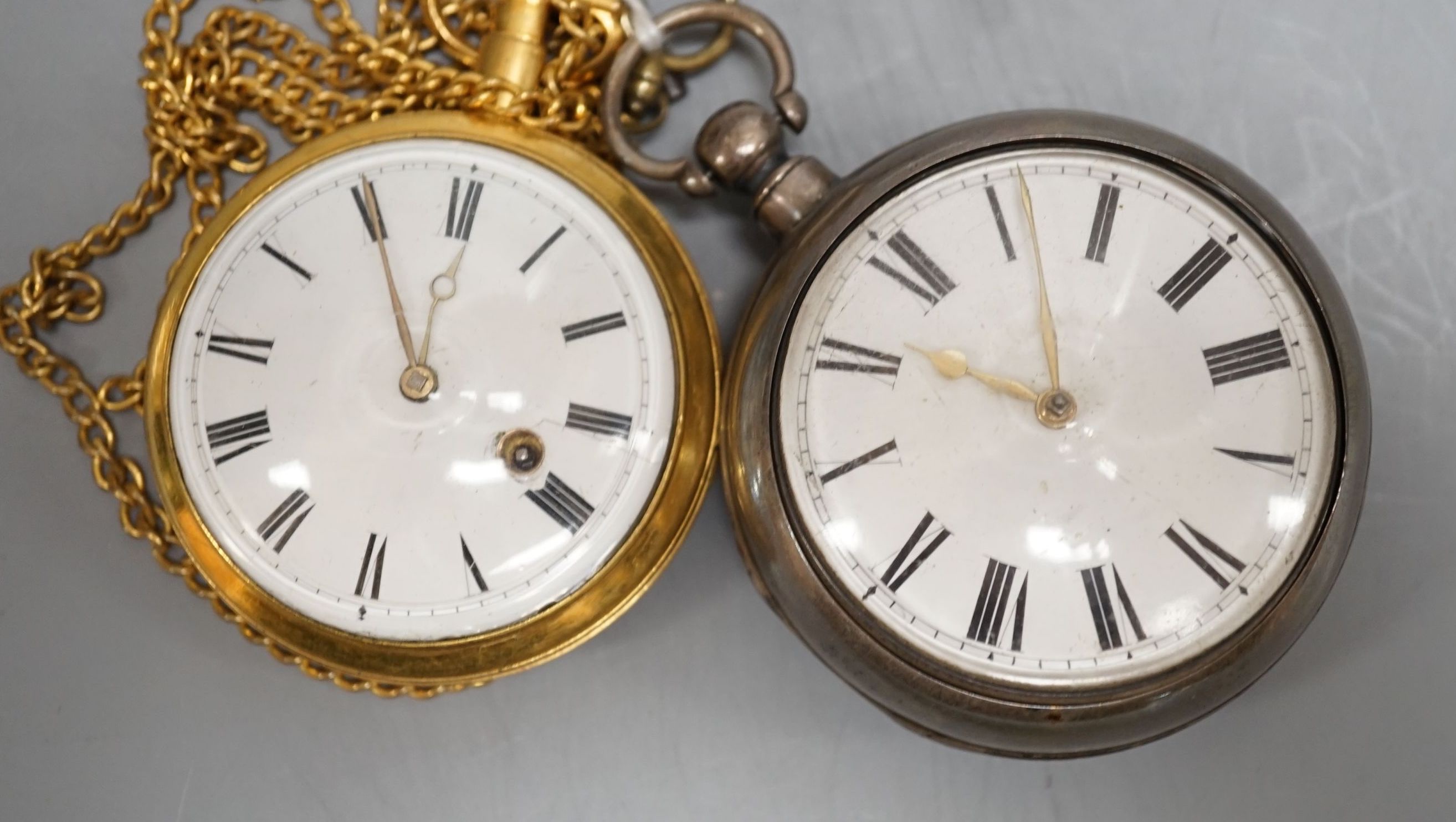 A Victorian silver pair cased pocket watch by Edward Fowle, Westerham and a gilt metal pocket watch missing outer case